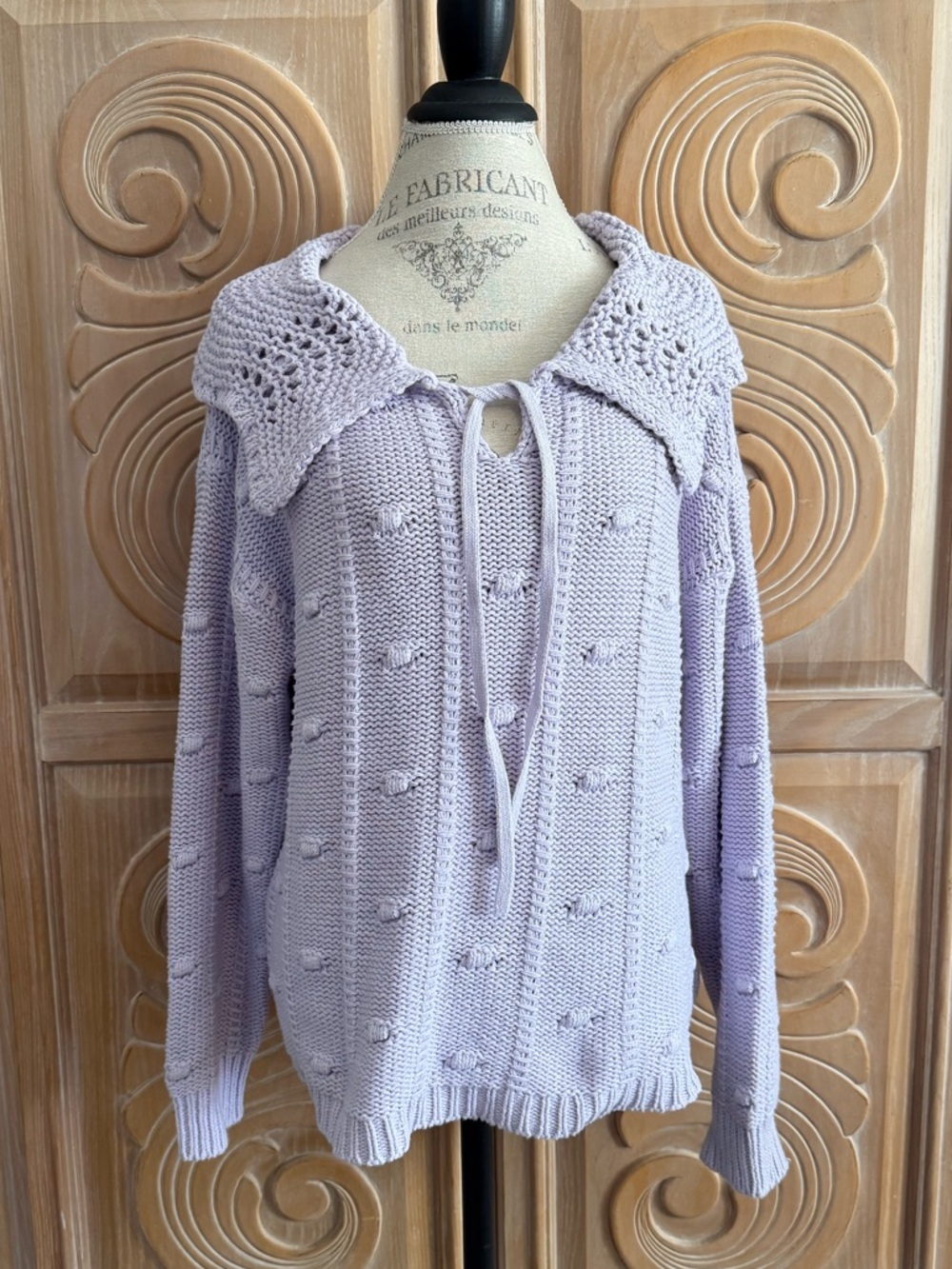 Sandy Liang Lilac Knit Sweater with Crocheted Collar Size XL